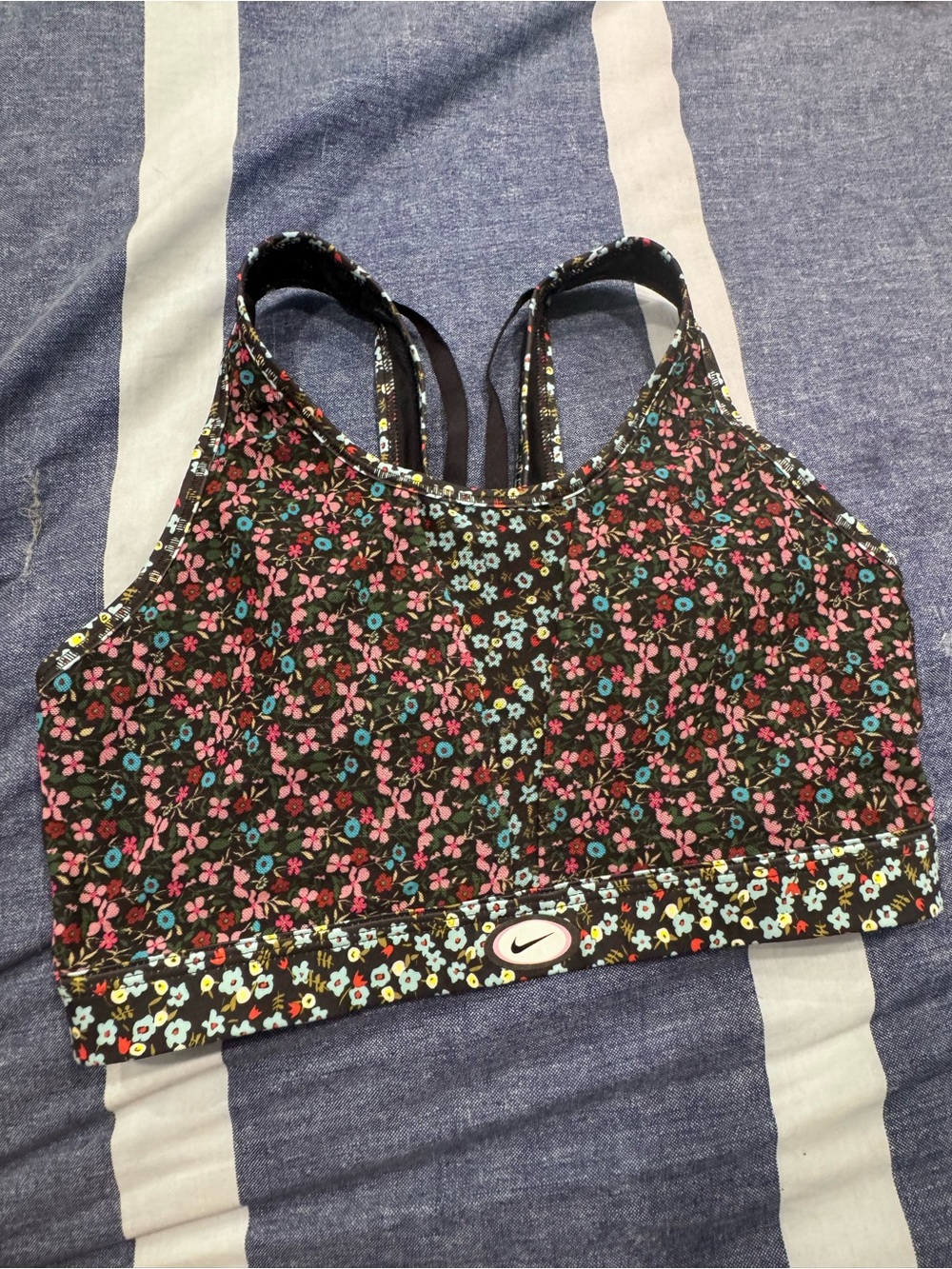 Nike Floral Print Strappy Sports Bra - Black with Pink & Blue Flowers - Picture 1 of 5
